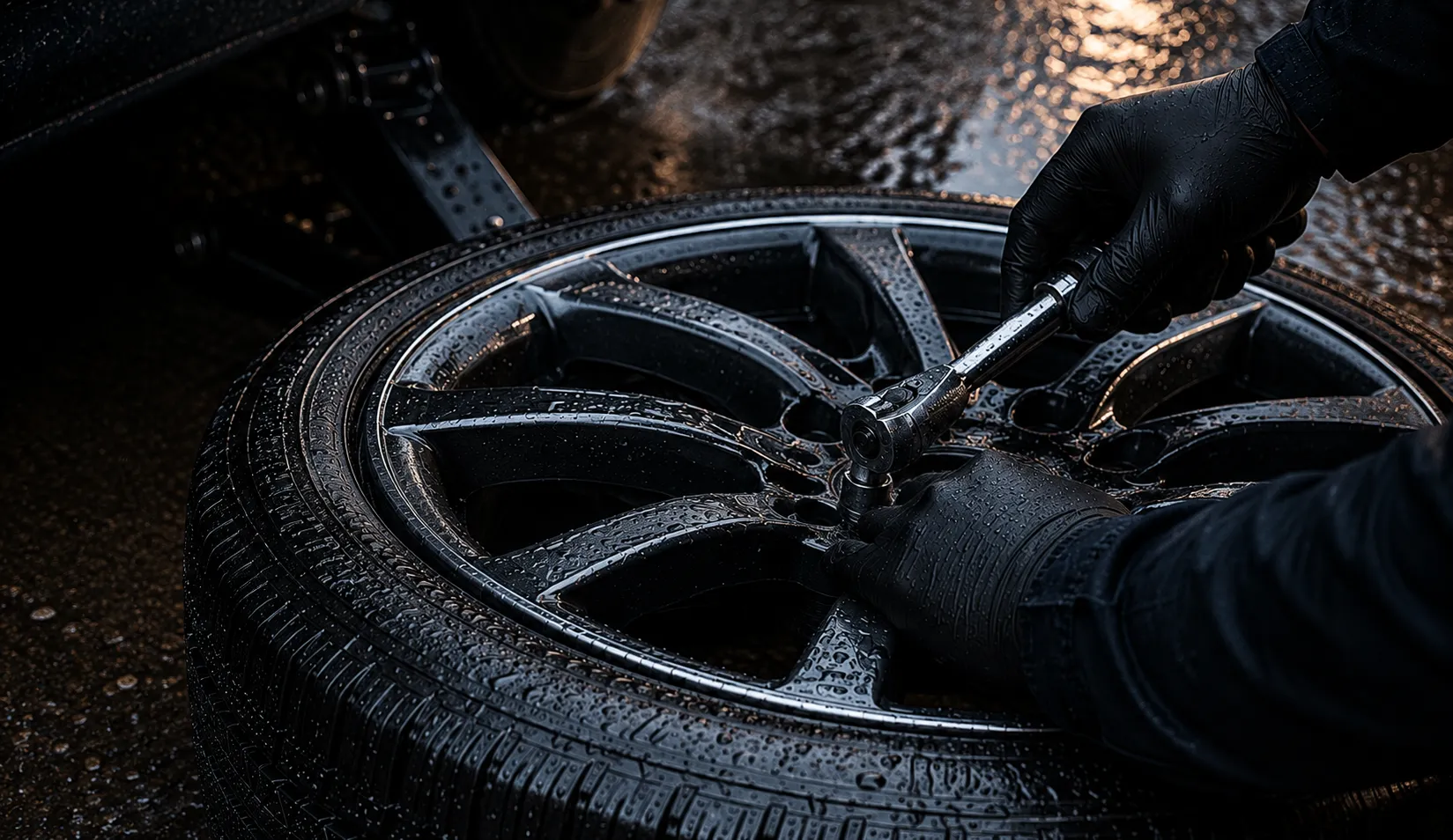 Close-up of a technician tightening wheel bolts during professional mobile tyre fitting